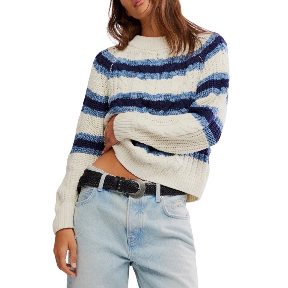 Free People Frankie Sea Bright Cable Knit Sweater Ivory Combo Blue Stripe Large